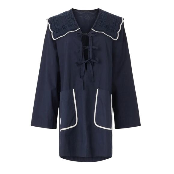 SEA Blue Mini Shift Dress SMALL Nautical Anime Cottage Embroidered Designer $400 - Picture 8 of 12